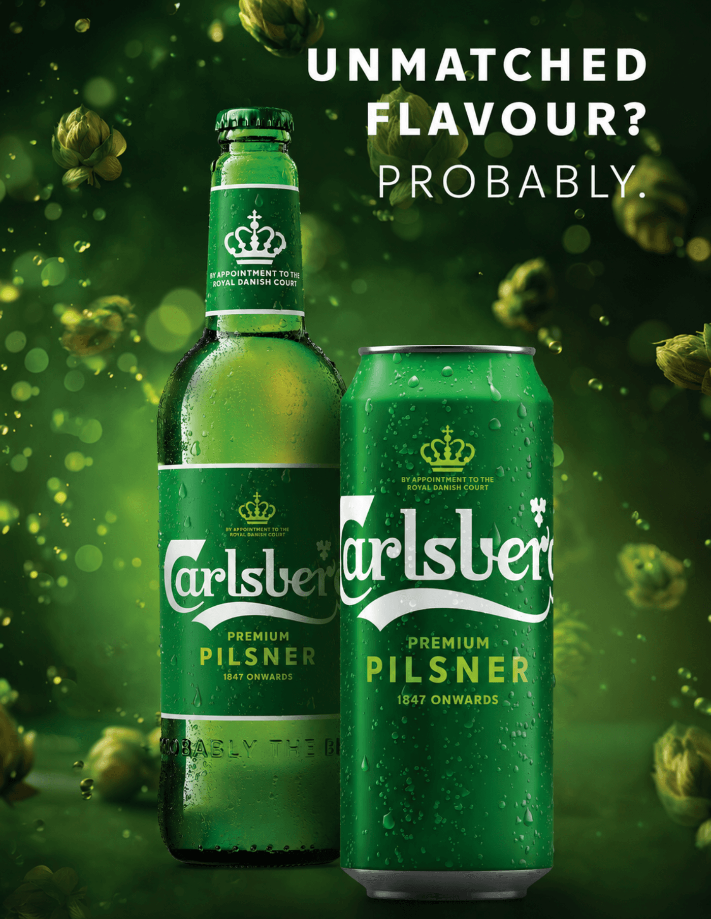 Carlsberg poster: a Premium Pilsner bottle and can among falling hops with the line unmatched flavour, probably.