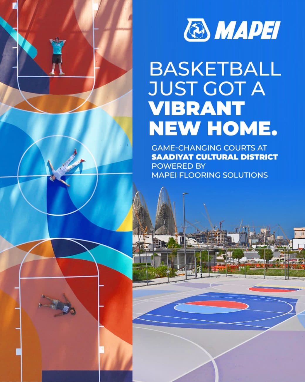 Mapei social post: aerial views of painted basketball courts beside a Mapei headline.