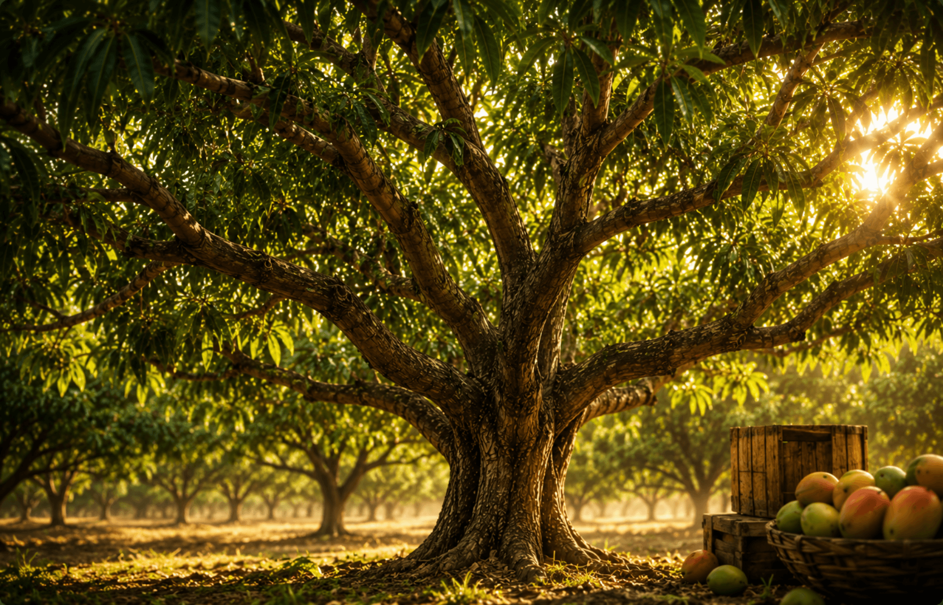 A mango tree in an orchard at golden hour, crates of fruit at its foot.